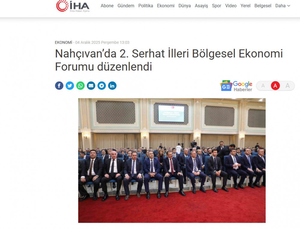 Naxçıvanda keçirilən 2-ci Azərbaycan-Türkiyə regional iqtisadi forumu TÜRKİYƏ MEDİASINDA<font color=red> - FOTOLAR</font>