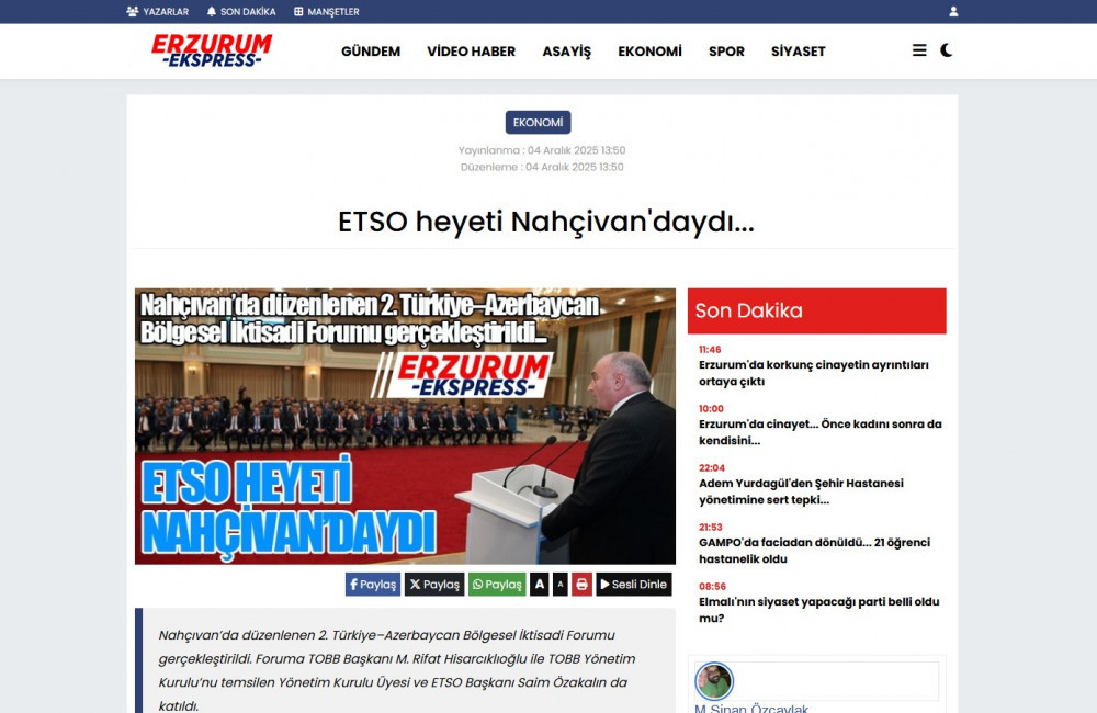 Naxçıvanda keçirilən 2-ci Azərbaycan-Türkiyə regional iqtisadi forumu TÜRKİYƏ MEDİASINDA<font color=red> - FOTOLAR</font>