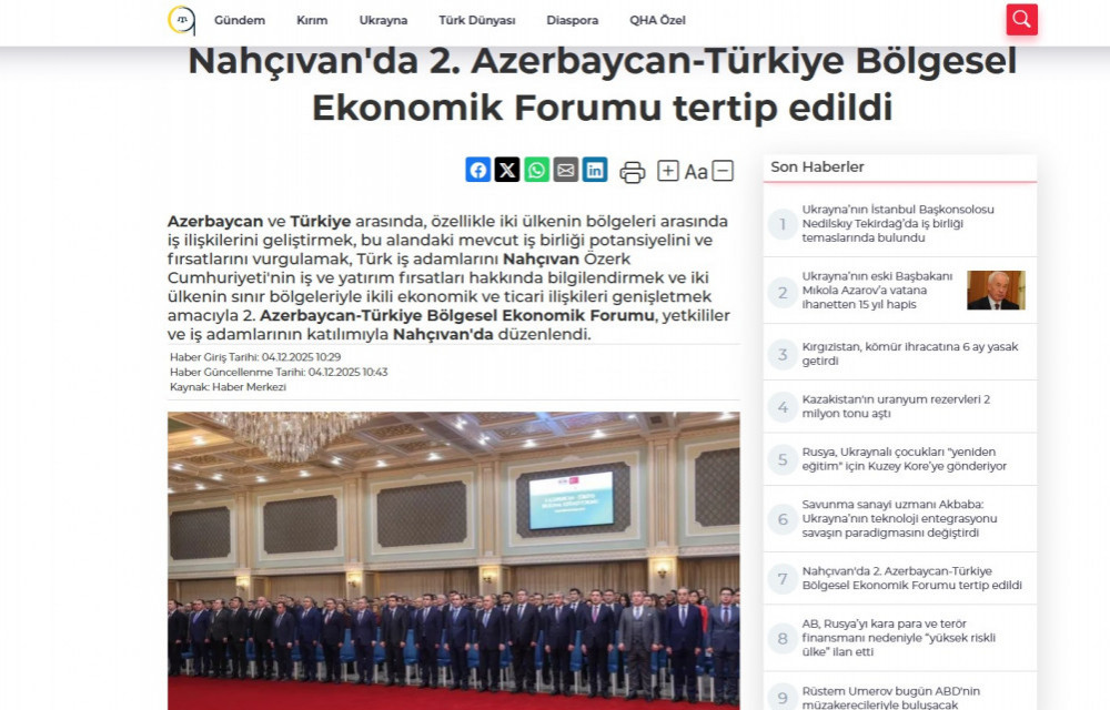 Naxçıvanda keçirilən 2-ci Azərbaycan-Türkiyə regional iqtisadi forumu TÜRKİYƏ MEDİASINDA<font color=red> - FOTOLAR</font>