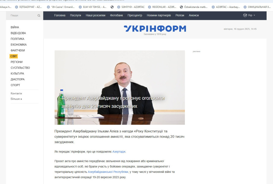 Ukrayna mediası Azərbaycan Prezidentinin amnistiya təşəbbüsü ilə bağlı silsilə xəbərlər yayımlayıb<font color=red> - FOTOLAR</font>