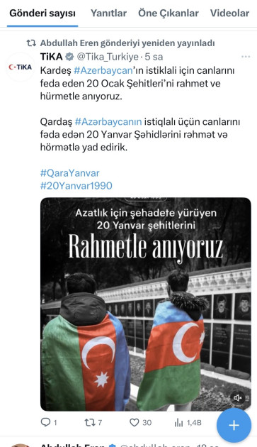 Türkiyədə 20 Yanvar faciəsi ilə əlaqədar başsağlığı mesajları yayımlanıb<font color=red> - FOTOLAR</font>