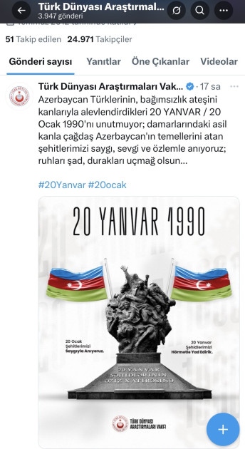 Türkiyədə 20 Yanvar faciəsi ilə əlaqədar başsağlığı mesajları yayımlanıb<font color=red> - FOTOLAR</font>