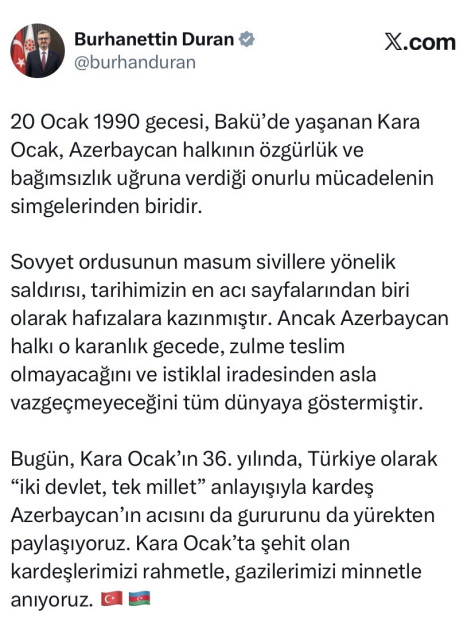 Burhanettin Duran: 20 Yanvar Azərbaycan xalqının istiqlal iradəsinin təzahürüdür<font color=red> - FOTOLAR</font>