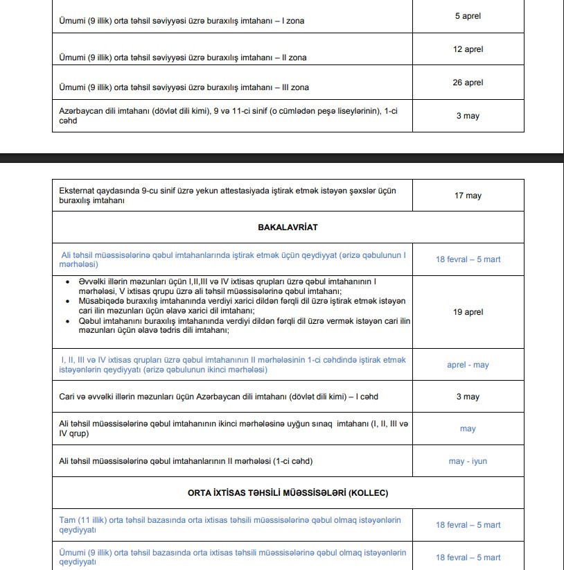Bu il keçiriləcək buraxılış və qəbul imtahanlarının qrafiki açıqlanıb<font color=red> - FOTOLAR</font>