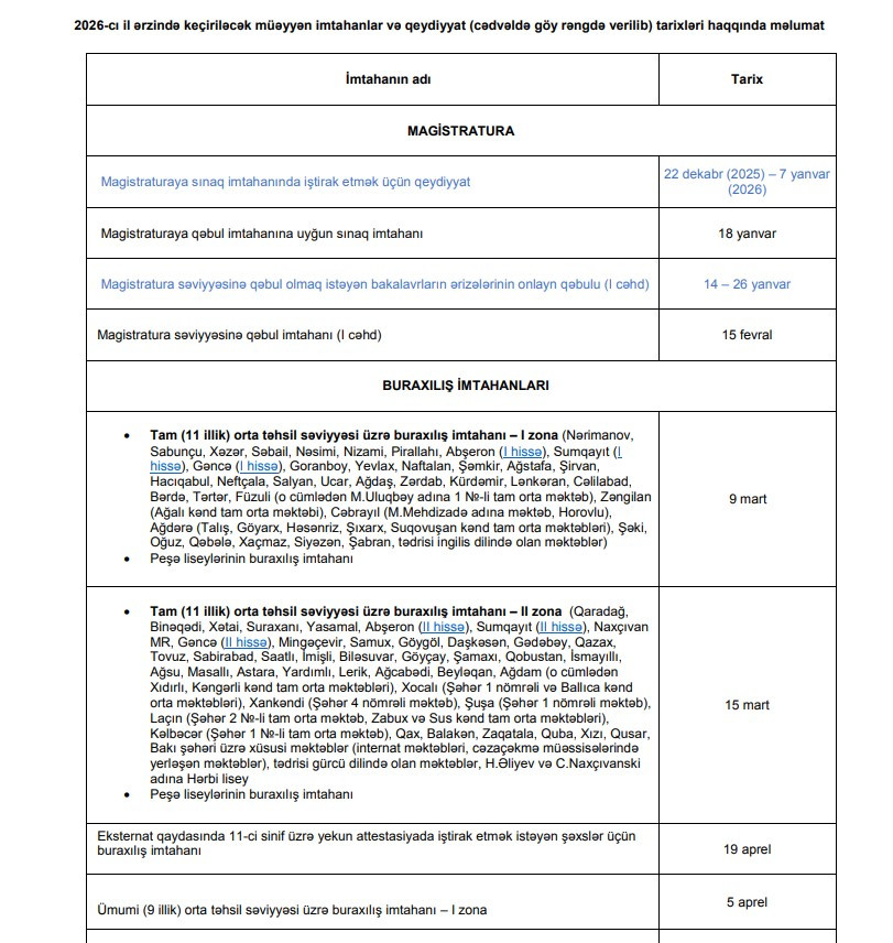 Bu il keçiriləcək buraxılış və qəbul imtahanlarının qrafiki açıqlanıb<font color=red> - FOTOLAR</font>