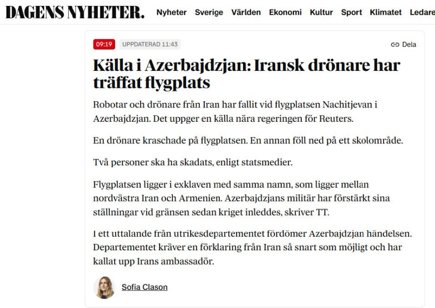 İsveç və Norveç mediası İran PUA-larının Azərbaycan ərazisinə hücumları barədə yazıb<font color=red> - FOTOLAR</font>