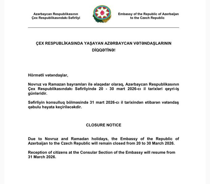 Azərbaycanın Çexiyadakı səfirliyi 10 gün konsulluq xidməti göstərməyəcək<font color=red> - FOTOLAR</font>