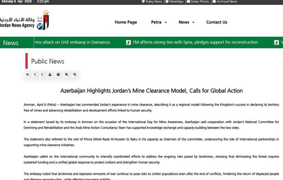 İordaniya mediası: Azərbaycan mina problemi sahəsində beynəlxalq tərəfdaşlığa böyük önəm verir<font color=red> - FOTOLAR</font>
