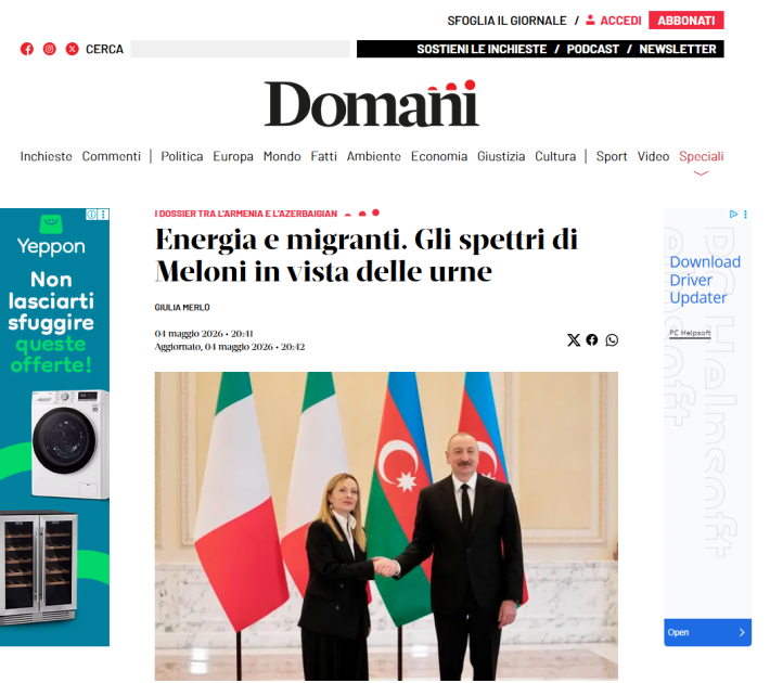 İtaliya və dünya mediası Baş nazir Ciorcia Meloninin Prezident İlham Əliyev ilə Bakıda apardığı danışıqları geniş işıqlandırıb<font color=red> - FOTOLAR</font>