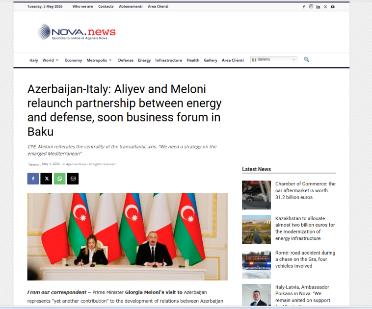 İtaliya və dünya mediası Baş nazir Ciorcia Meloninin Prezident İlham Əliyev ilə Bakıda apardığı danışıqları geniş işıqlandırıb<font color=red> - FOTOLAR</font>