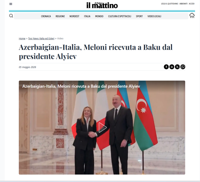 İtaliya və dünya mediası Baş nazir Ciorcia Meloninin Prezident İlham Əliyev ilə Bakıda apardığı danışıqları geniş işıqlandırıb<font color=red> - FOTOLAR</font>
