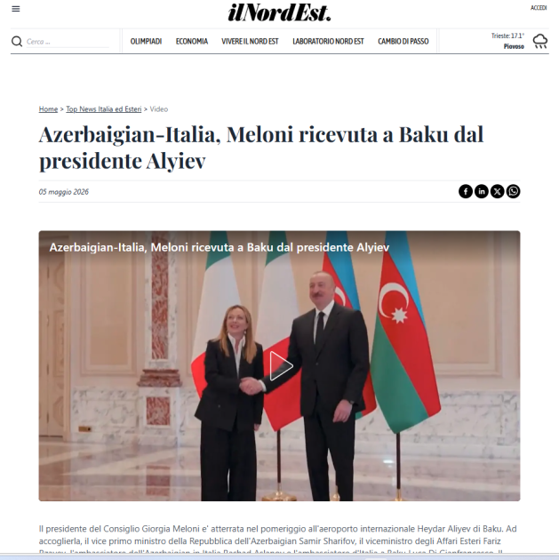 İtaliya və dünya mediası Baş nazir Ciorcia Meloninin Prezident İlham Əliyev ilə Bakıda apardığı danışıqları geniş işıqlandırıb<font color=red> - FOTOLAR</font>