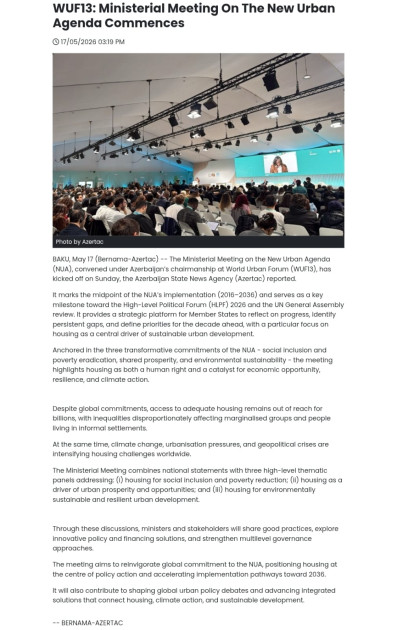 Malayziya mediası: WUF13 Bakıda qlobal şəhərsalma əməkdaşlığını gücləndirir<font color=red> - FOTOLAR</font>