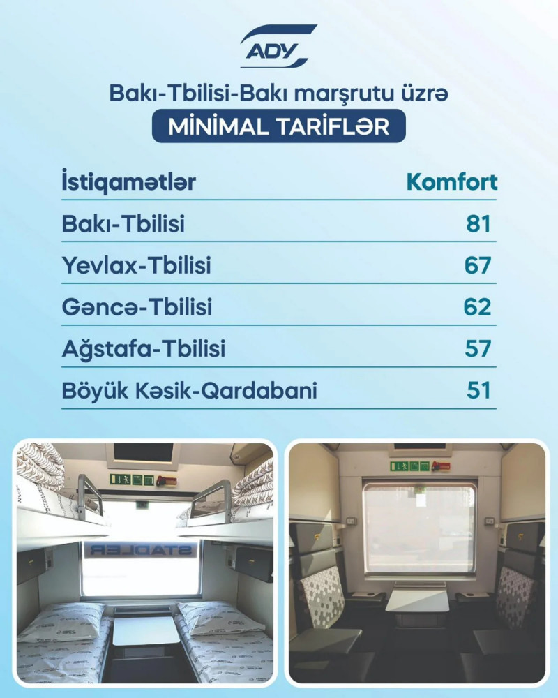 Bakı–Tbilisi–Bakı qatarında siniflər üzrə gediş haqqı açıqlanıb<font color=red> - FOTOLAR</font>