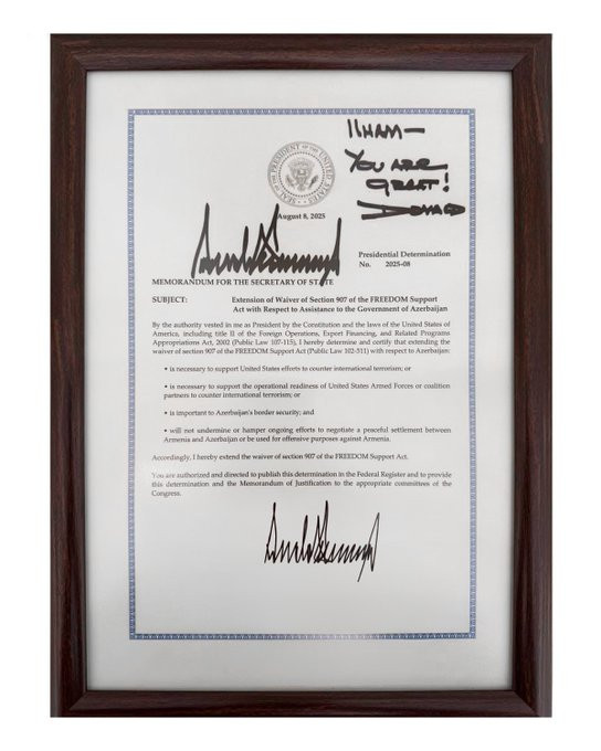 Prezident İlham Əliyev Azadlığa Dəstək Aktına 907-ci düzəlişin dayandırılması müddətinin uzadılması ilə bağlı memoranduma görə Donald Trampa təşəkkür edib<font color=red> - FOTOLAR</font>