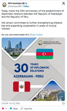 Azərbaycan-Peru siyasi əlaqələrinin 30 illiyi qeyd olunur<font color=red> - FOTOLAR</font>
