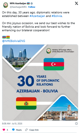 Azərbaycan ilə Boliviya arasında diplomatik münasibətlərin qurulmasının 30 ili tamam olur<font color=red> - FOTOLAR</font>