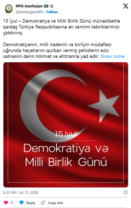 Azərbaycan XİN Demokratiya və Milli Birlik Günü münasibətilə Türkiyəyə təbrik ünvanlayıb<font color=red> - FOTOLAR</font>