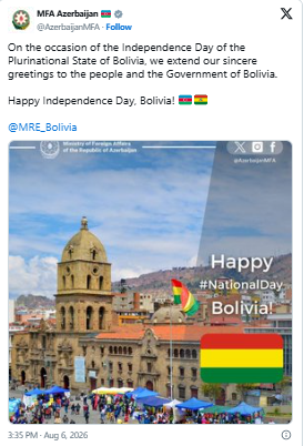 Azərbaycan XİN Boliviyanı Müstəqillik Günü münasibətilə təbrik edib<font color=red> - FOTOLAR</font>