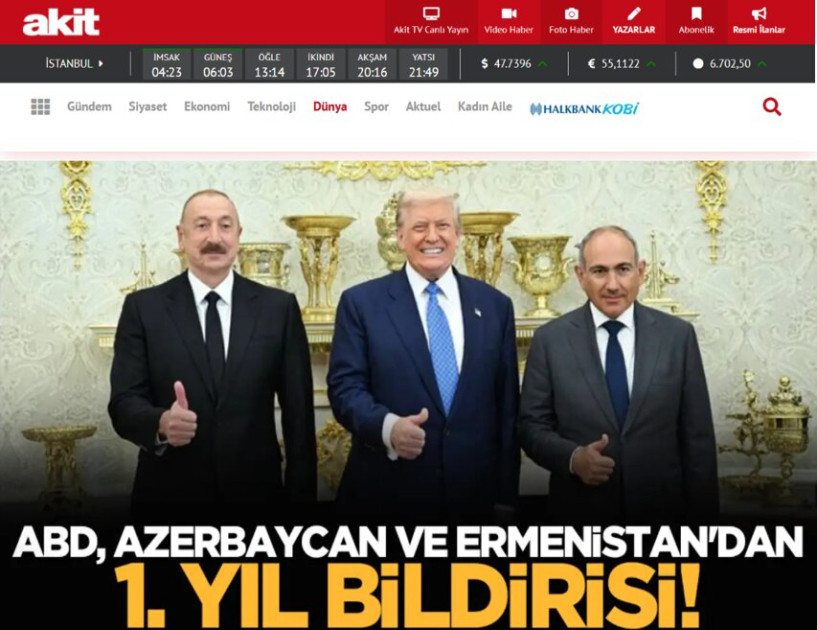 ABŞ, Ermənistan və Azərbaycanın Birgə Bəyanatı Türkiyə mediasının diqqət mərkəzindədir<font color=red> - FOTOLAR</font>