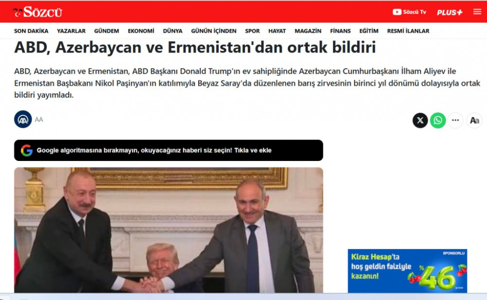 ABŞ, Ermənistan və Azərbaycanın Birgə Bəyanatı Türkiyə mediasının diqqət mərkəzindədir<font color=red> - FOTOLAR</font>