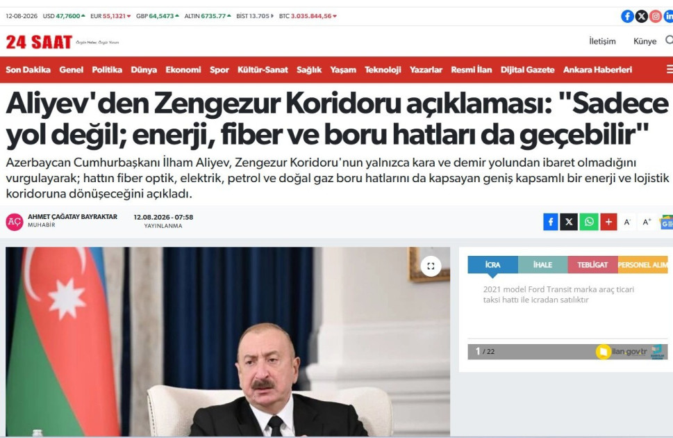 Prezident İlham Əliyevin Zəngəzur dəhlizi ilə bağlı fikirləri Türkiyə mediasının diqqət mərkəzindədir<font color=red> - FOTOLAR</font>