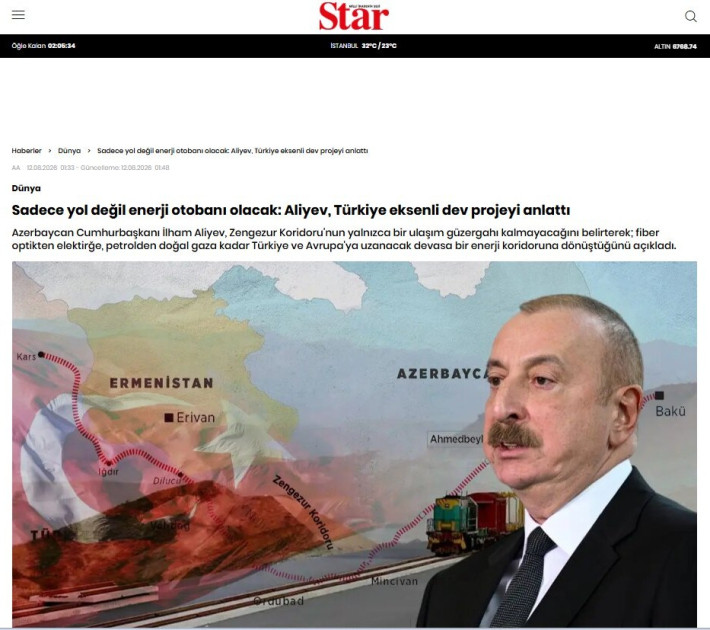 Prezident İlham Əliyevin Zəngəzur dəhlizi ilə bağlı fikirləri Türkiyə mediasının diqqət mərkəzindədir<font color=red> - FOTOLAR</font>