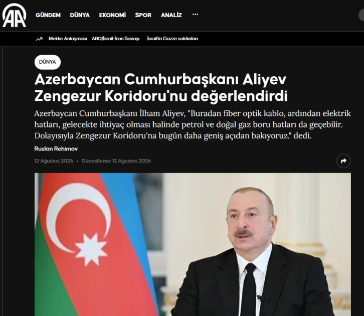 Prezident İlham Əliyevin Zəngəzur dəhlizi ilə bağlı fikirləri Türkiyə mediasının diqqət mərkəzindədir<font color=red> - FOTOLAR</font>