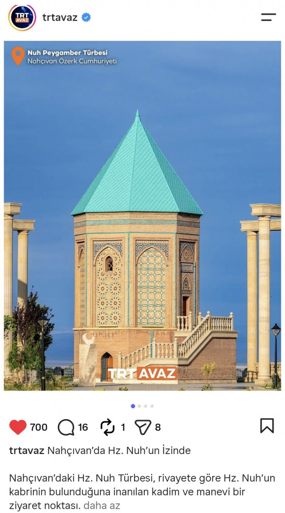 TRT Avaz Nuh Peyğəmbərin türbəsi ilə bağlı paylaşım edib<font color=red> - FOTOLAR</font>