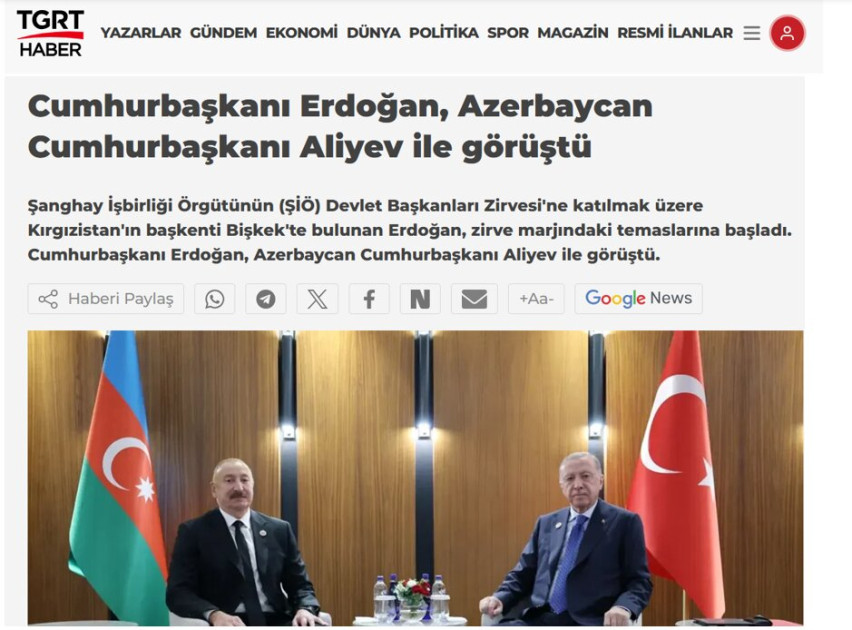 Türkiyə mediası Azərbaycan və Türkiyə prezidentlərinin Bişkek görüşünü geniş işıqlandırıb<font color=red> - FOTOLAR</font>