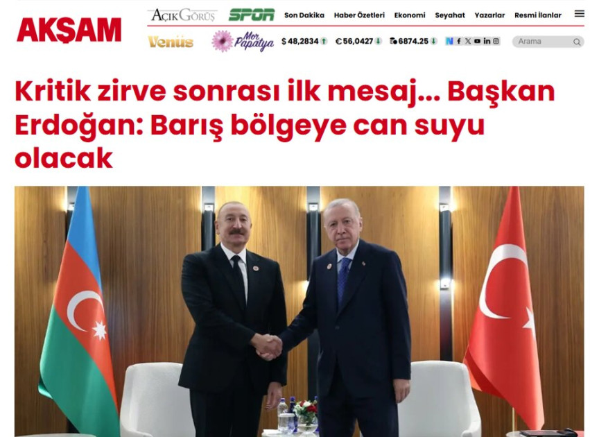 Türkiyə mediası Azərbaycan və Türkiyə prezidentlərinin Bişkek görüşünü geniş işıqlandırıb<font color=red> - FOTOLAR</font>
