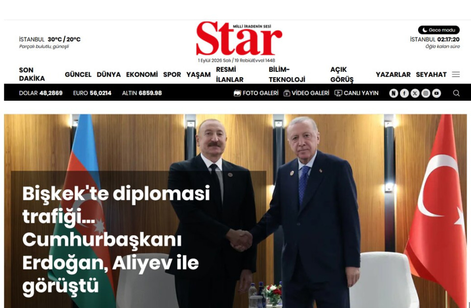 Türkiyə mediası Azərbaycan və Türkiyə prezidentlərinin Bişkek görüşünü geniş işıqlandırıb<font color=red> - FOTOLAR</font>