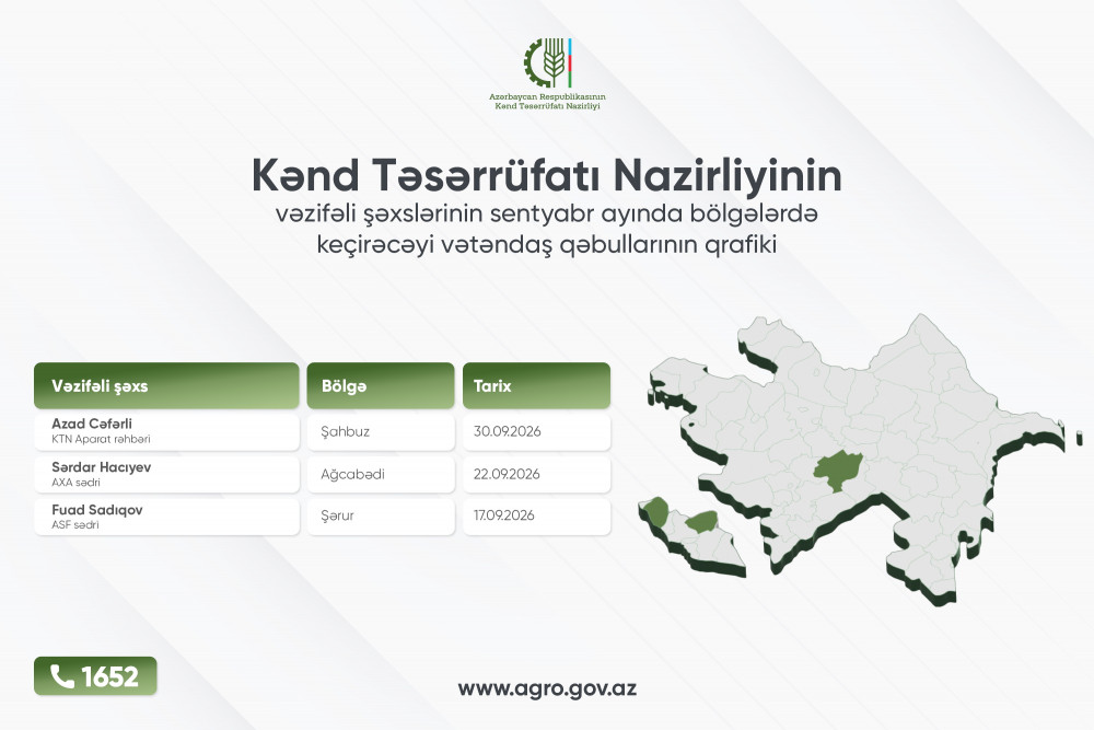 Kənd Təsərrüfatı Nazirliyinin sentyabr ayı üzrə bölgələrdə vətəndaş qəbulu qrafiki açıqlanıb<font color=red> - FOTOLAR</font>