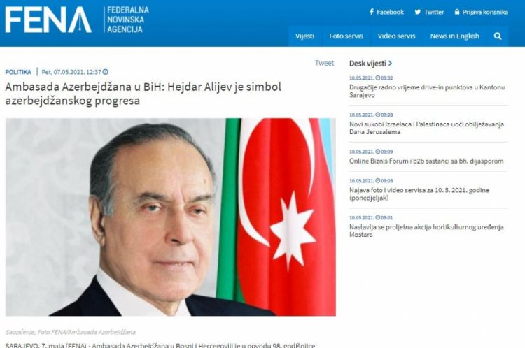 Bosniya xəbər agentliyi ümummilli lider Heydər Əliyev haqqında məqalə dərc edib