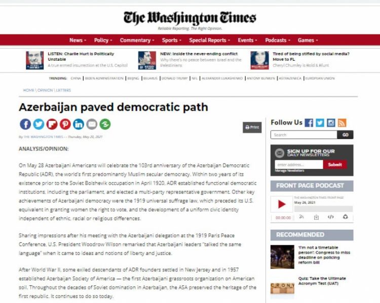 "Washington Times" Azərbaycanın Respublika Günündən yazıb