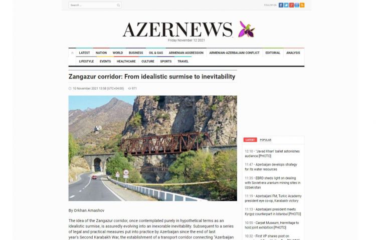Zəngəzur dəhlizi: İdealist təşəbbüsdən qarşısıalınmaz reallığa - "Azernews" qəzeti