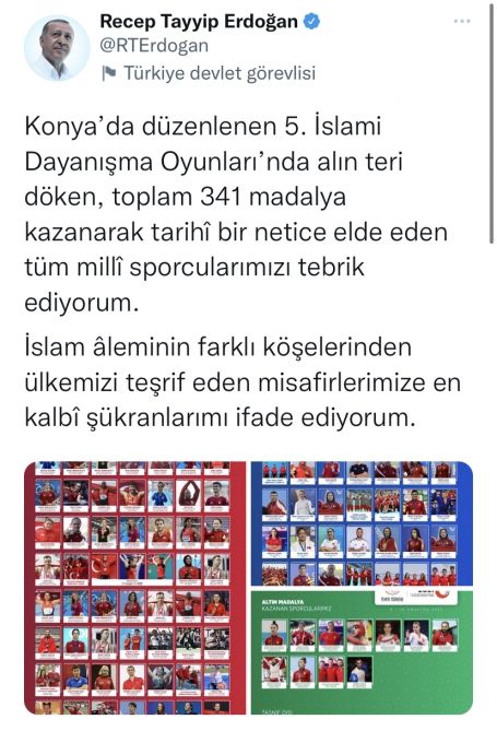 Türkiyə Prezidenti V İslam Həmrəyliyi Oyunlarının qaliblərini təbrik edib