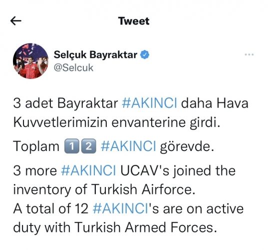 Türkiyə ordusunun inventarına daha üç ədəd “Bayraktar AKINCI” daxil edilib