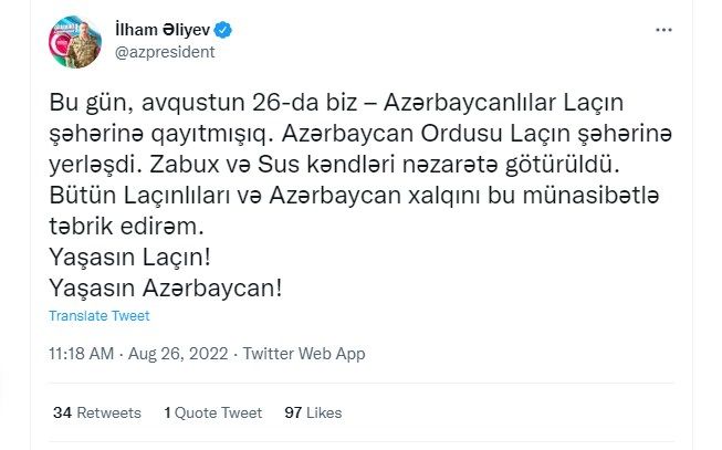 Prezident İlham Əliyev: “Laçın şəhərinə qayıtmışıq”
