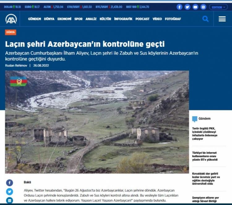 Türkiyə mediası Laçın şəhərinin Azərbaycanın nəzarətinə keçməsindən yazıb<font color=red> - FOTOLAR</font>