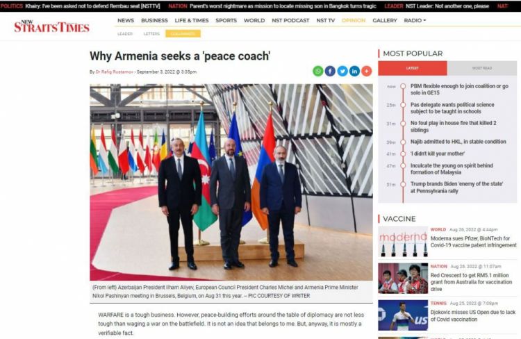 New Straits Times: Ermənistan nə üçün “sülh məşqçisi” axtarır?