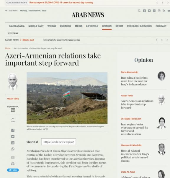 “Arabnews”: Ermənistanın öz öhdəliklərini yerinə yetirməsi regionda dayanıqlı sülhün əsas şərtidir