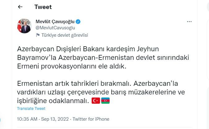 Azərbaycan və Türkiyə XİN başçıları Ermənistanın təxribatını müzakirə edib