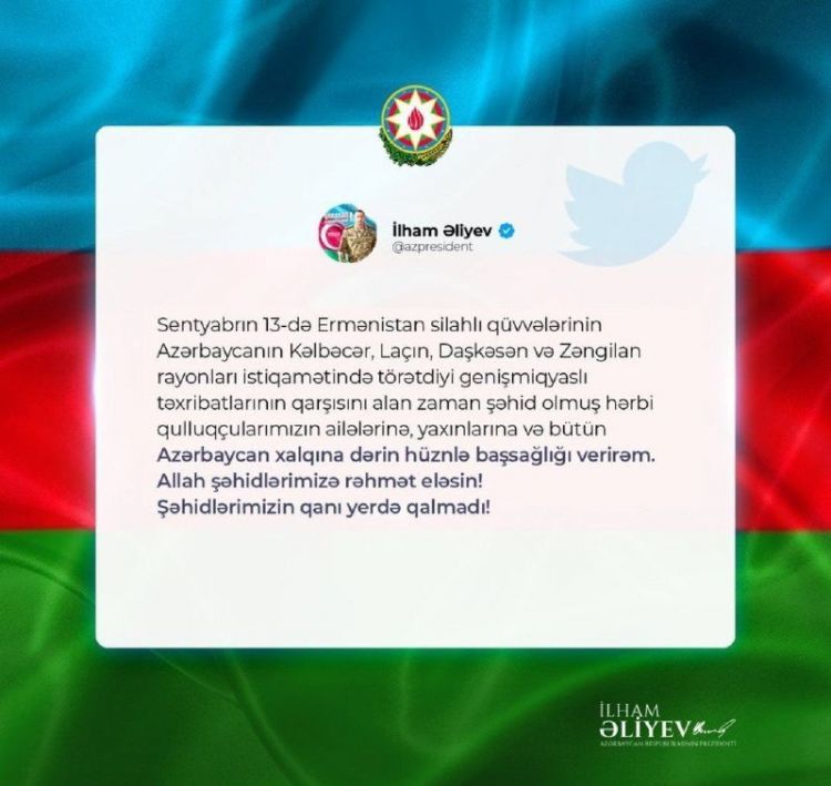 Azərbaycan Prezidenti şəhid hərbçilərlə bağlı paylaşım edib
