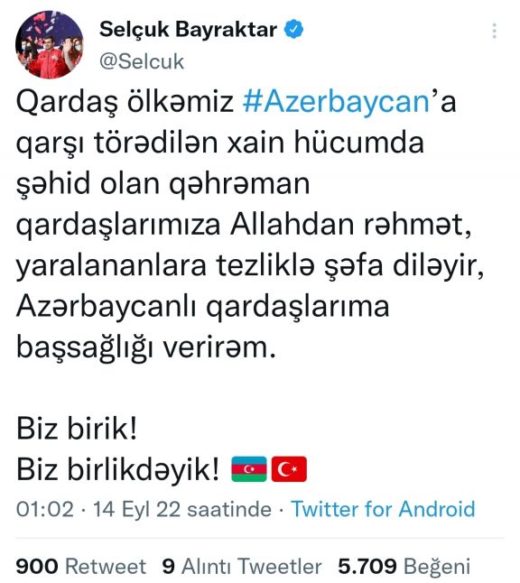 Səlcuq Bayraktar Azərbaycana başsağlığı verib