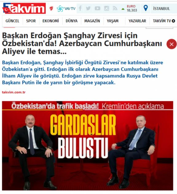 Azərbaycan və Türkiyə prezidentlərinin Səmərqənd görüşü Türkiyə mediasının diqqət mərkəzində olub<font color=red> - FOTOLAR</font>