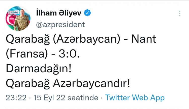 Azərbaycan Prezidenti İlham Əliyev “Qarabağ” klubunun UEFA Avropa Liqasının qrup mərhələsindəki inamlı qələbəsi ilə bağlı paylaşım edib