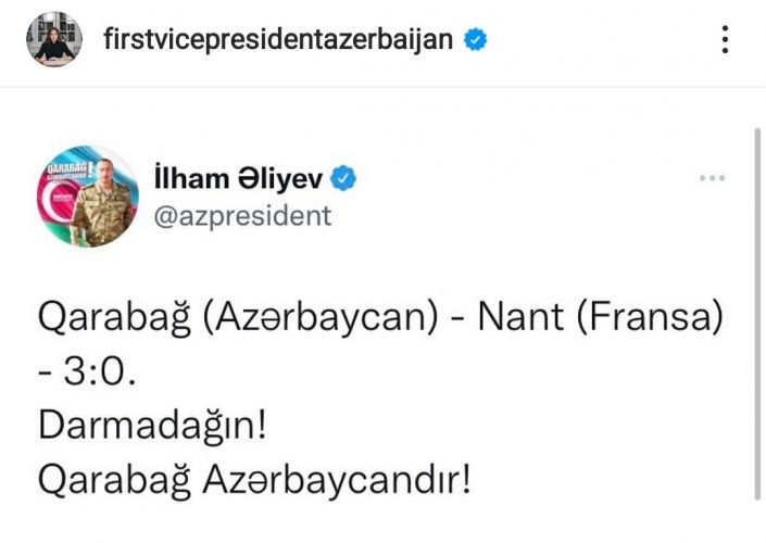 Birinci vitse-prezident Mehriban Əliyeva “Qarabağ”ın “Nant” üzərində möhtəşəm qələbəsi ilə bağlı paylaşım edib