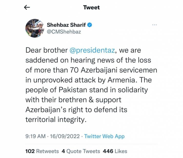 Pakistanın Baş naziri: Azərbaycanın ərazi bütövlüyünü müdafiə etmək hüququnu dəstəkləyirik