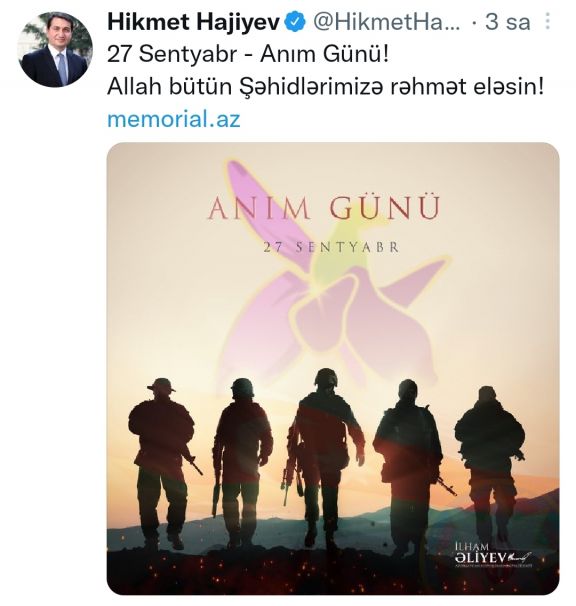 Hikmət Hacıyev Anım Günü ilə bağlı paylaşım edib